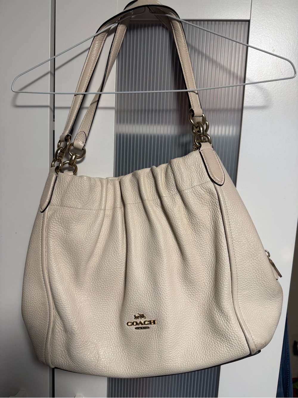 Coach Cream Pebbled Leather Shoulder Bag with Gold Hardware